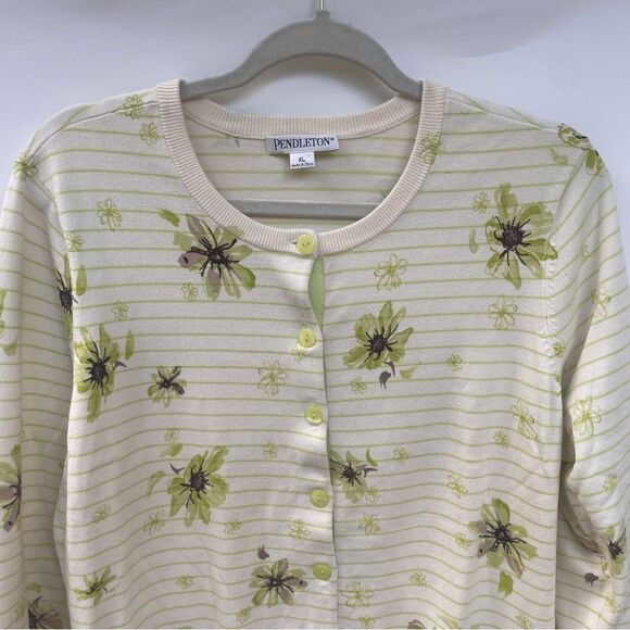 Pendleton XL Silk Blend Striped Floral Cardigan Cream Sage Green Brown - Picture 3 of 9